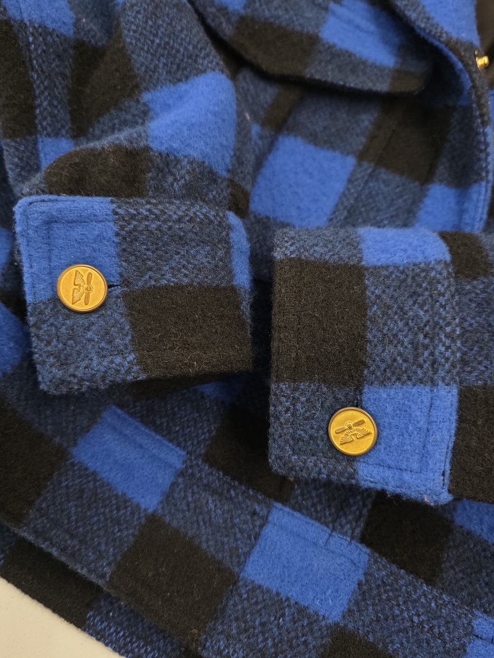 Smythe Wool Black & Electric Blue Buffalo Checks barn jacket with Faux Fur Trim - Picture 13 of 16